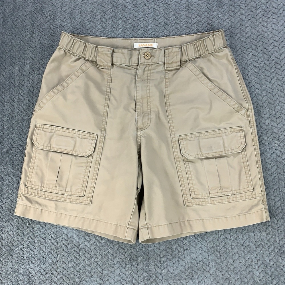 Savane Safari Cargo Shorts Mens Size 30 Beige Khaki Canvas Elastic Waist